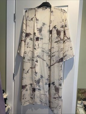 Sheer Bird Print Kimono Cardigan in Ivory and Taupe Size S